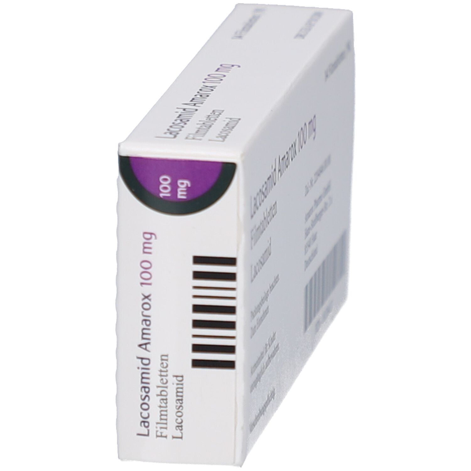 Seitenansicht der Schachtel LACOSAMID Amarox 100 mg Filmtabletten. Barcode und lila Akzent mit 100 mg. Text: LACOSAMID Amarox 100 mg.