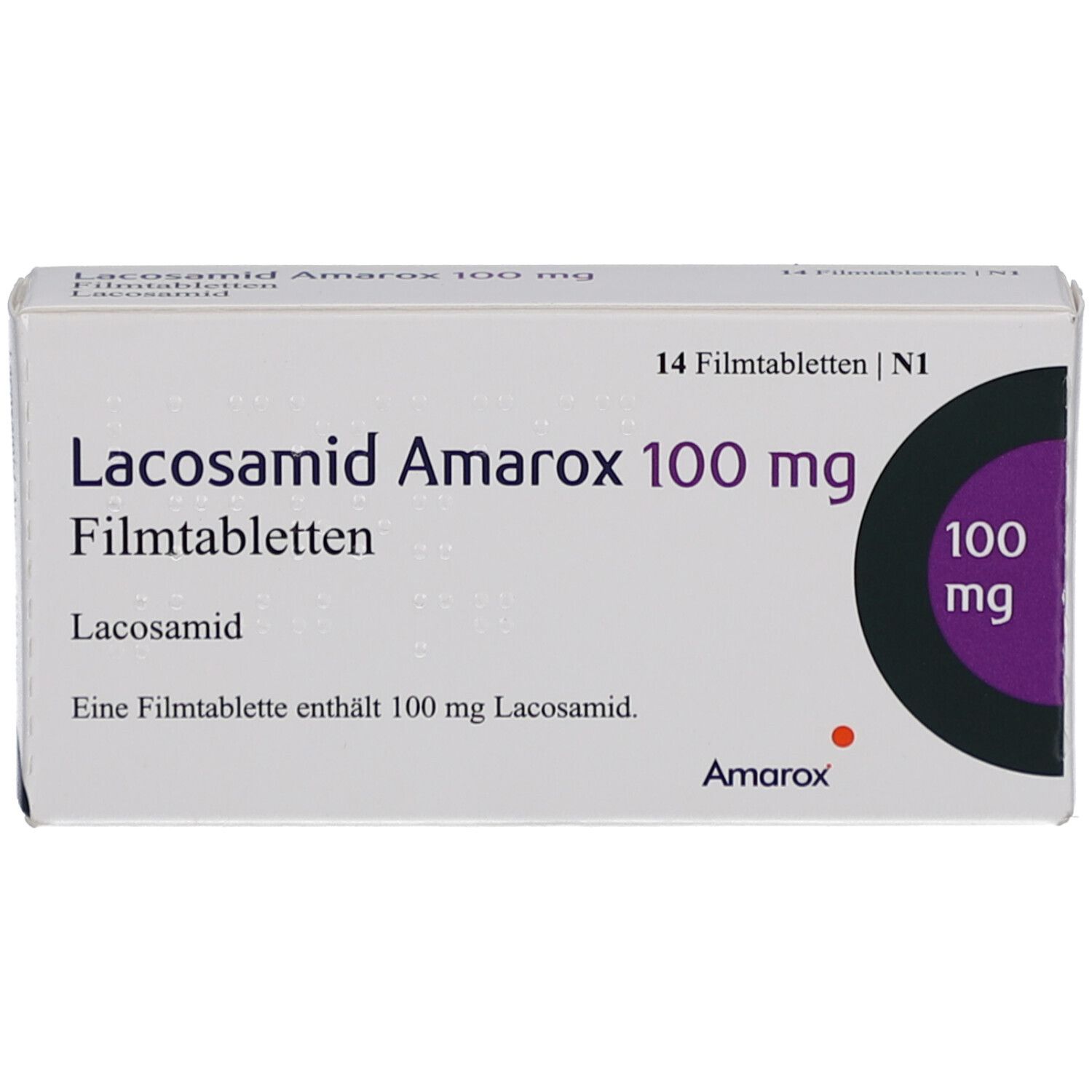 Schachtel mit LACOSAMID Amarox 100 mg Filmtabletten. Aufschrift: 14 Filmtabletten. Lila Akzent mit 100 mg. Marke Amarox.
