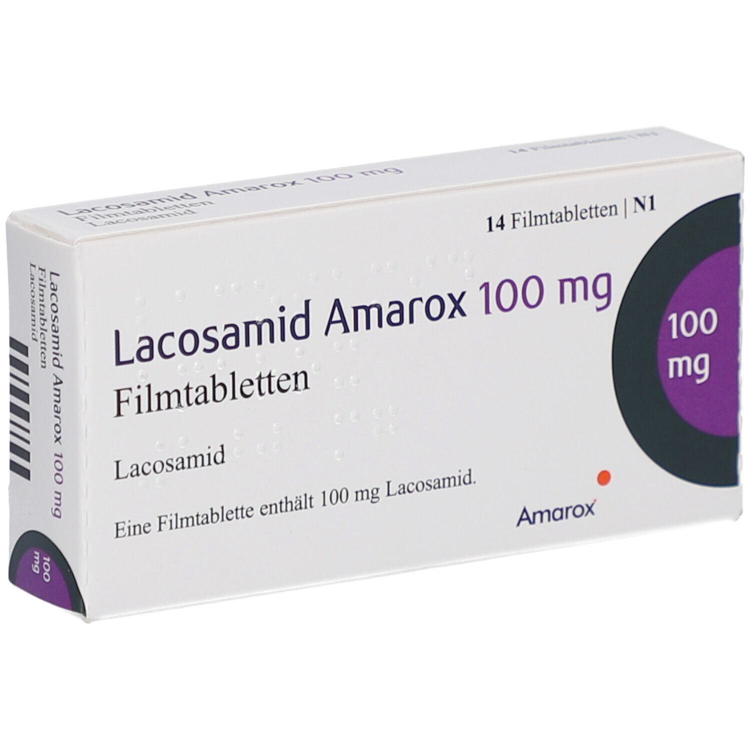 Schachtel mit LACOSAMID Amarox 100 mg Filmtabletten. Aufschrift: 14 Filmtabletten. Lila Akzent mit 100 mg. Marke Amarox.