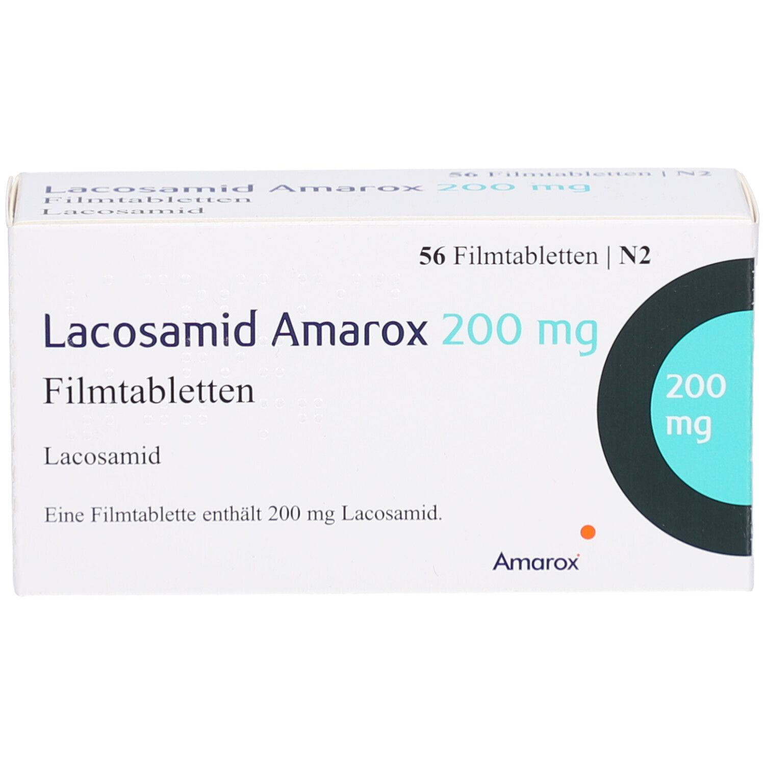 Schachtel mit Lacosamid Amarox 200 mg Filmtabletten. Aufschrift: 56 Filmtabletten. Enthält 200 mg Lacosamid.