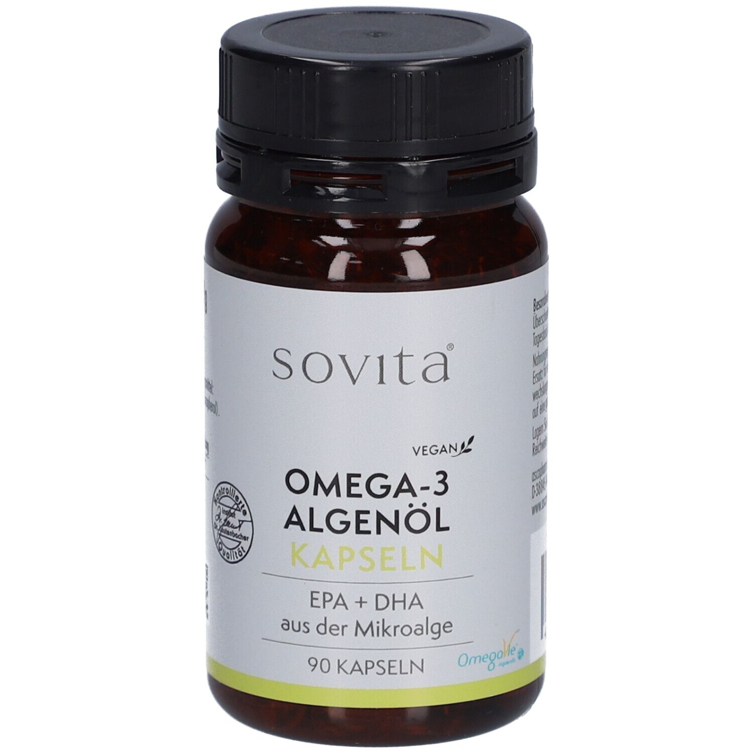 Braune Flasche mit schwarzen Deckel. Aufschrift: sovita, Omega-3 Algenöl Kapseln, 90 Kapseln. Vegan-Siegel.