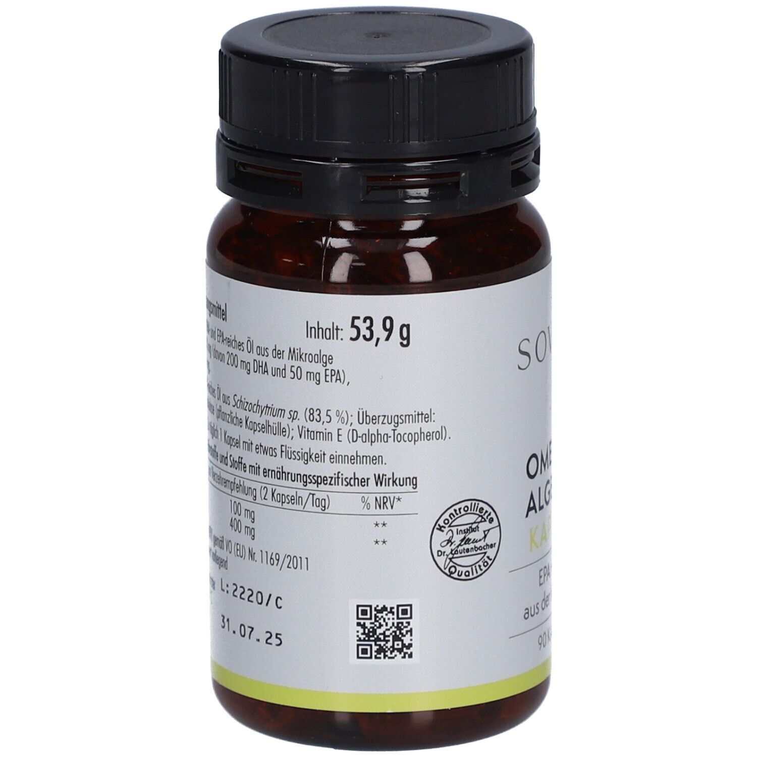 Rückseite der braunen Flasche. Aufschrift: Inhalt 53,9 g, Inhaltsstoffe, Nährwertangaben. Siegel und QR-Code.