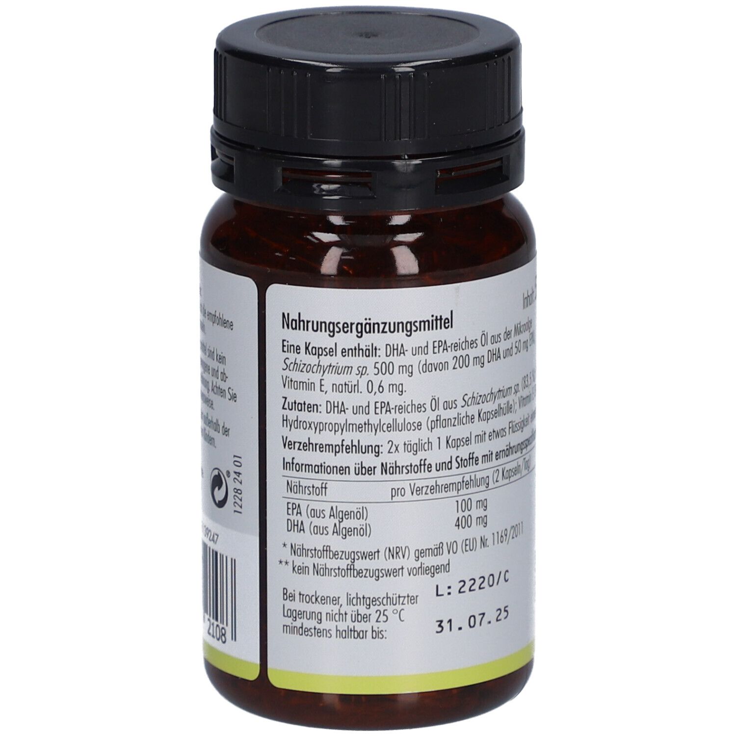 Rückseite der braunen Flasche. Aufschrift: Nahrungsergänzungsmittel, Inhaltsstoffe, Nährwertangaben, Mindesthaltbarkeit.