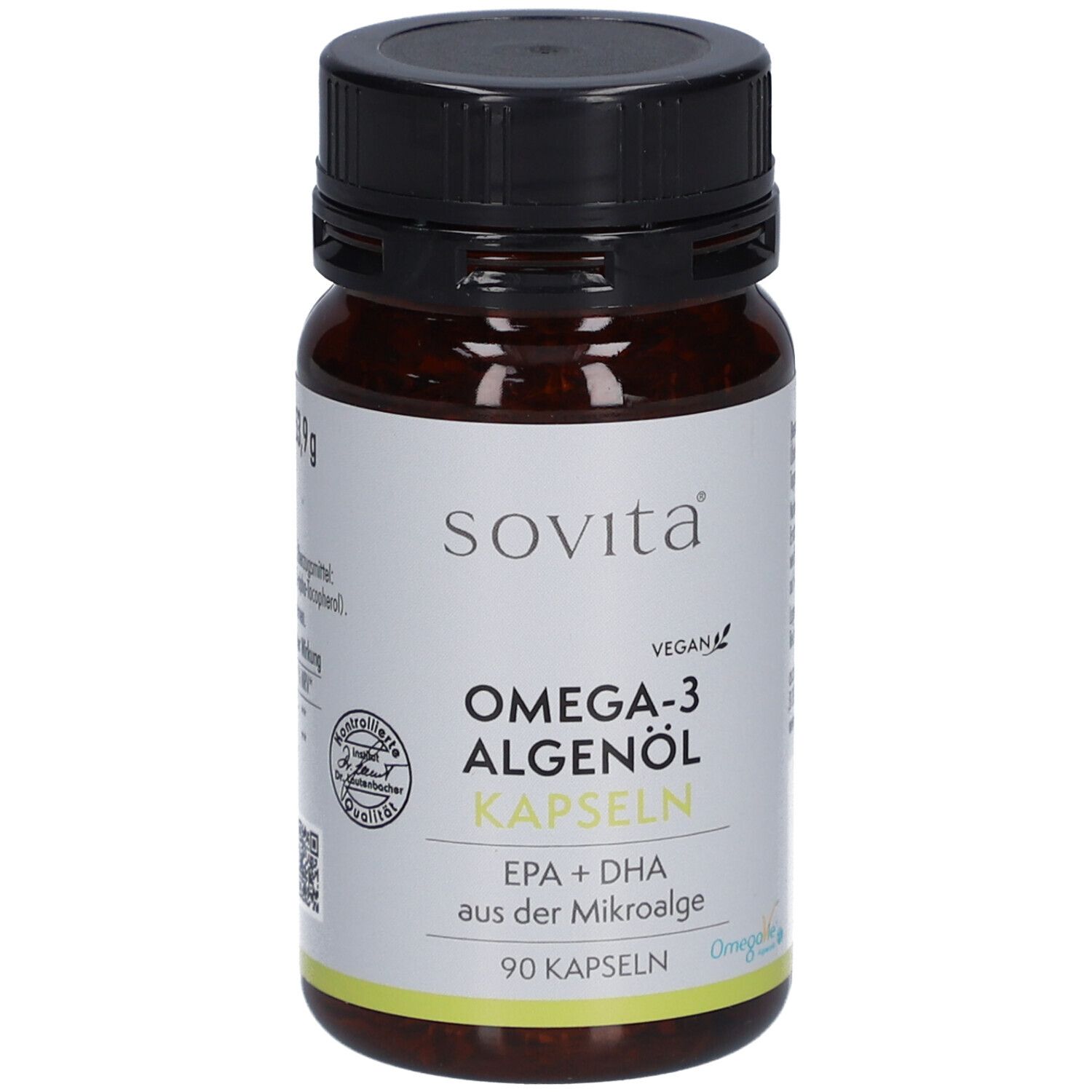 Braune Flasche mit schwarzen Deckel. Aufschrift: sovita, Omega-3 Algenöl Kapseln, 90 Kapseln. Vegan-Siegel.
