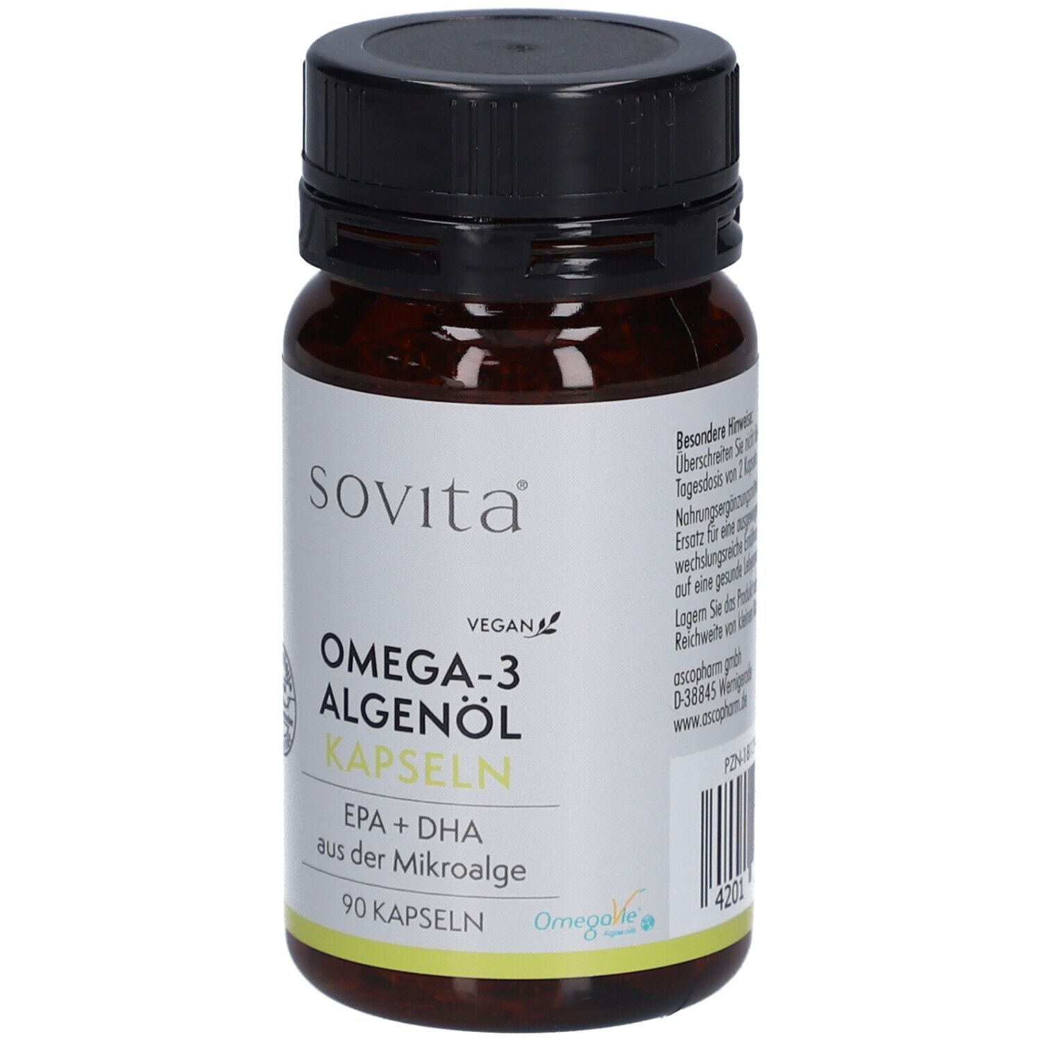 Braune Flasche mit schwarzen Deckel. Aufschrift: sovita, Omega-3 Algenöl Kapseln, 90 Kapseln. Vegan-Siegel.
