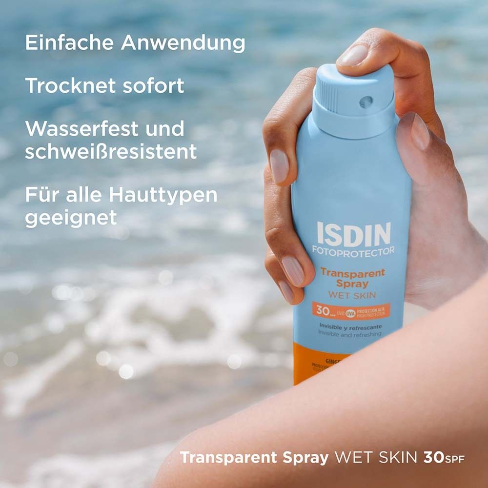 ISDIN Transparent Sonnenspray WET SKIN LSF30 wasserfester Sonnenschutz mit leichter Textur