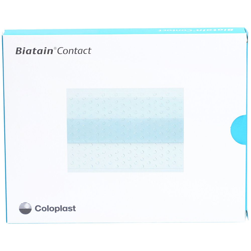Verpackung von Biatain Contact Wundauflage mit Coloplast Logo. Zeigt eine blaue Gitterstruktur.