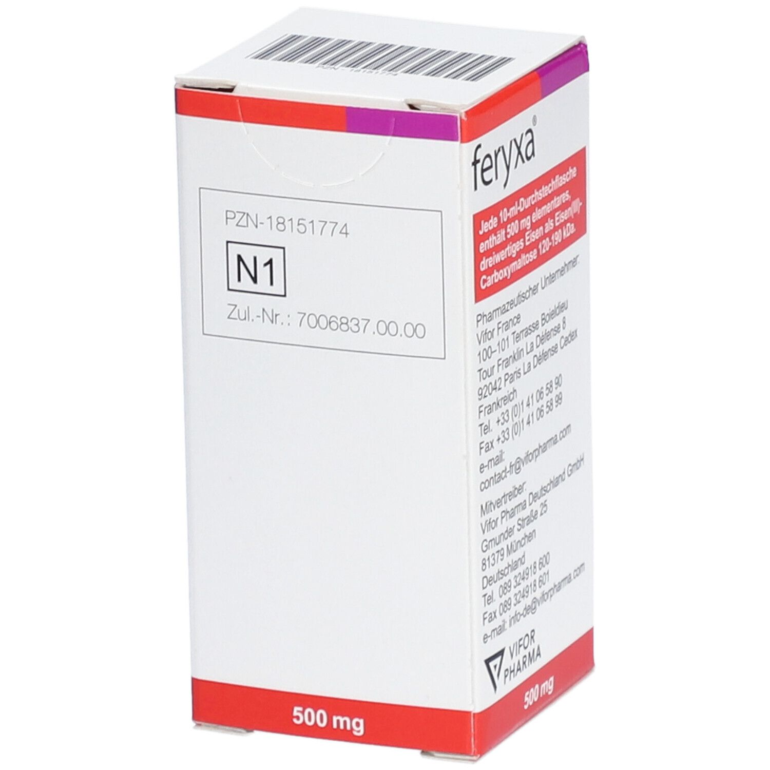 FERYXA 50 mg Eisen/ml Inj.-/Inf.-Lsg.Dsfl.500mg