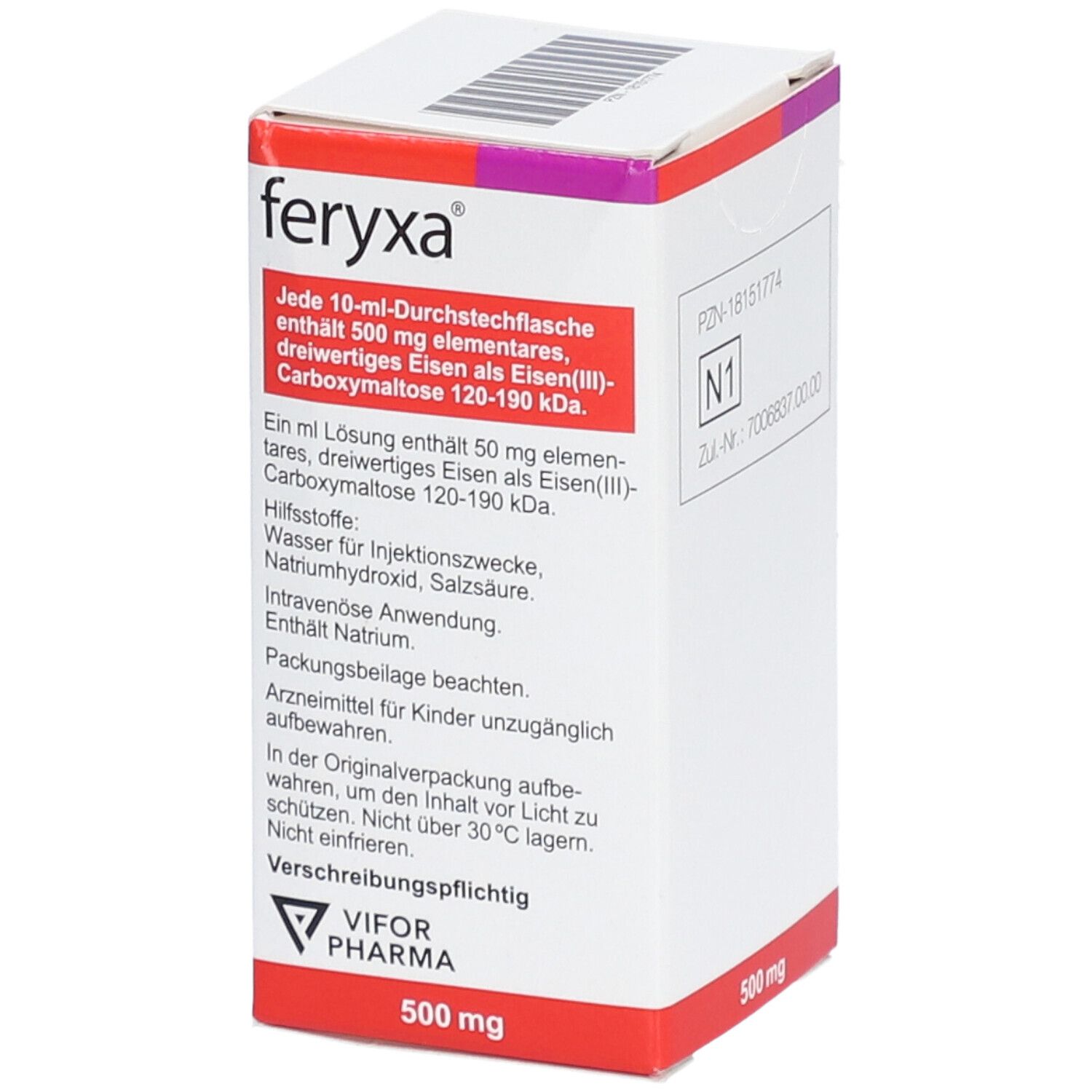 FERYXA 50 mg Eisen/ml Inj.-/Inf.-Lsg.Dsfl.500mg