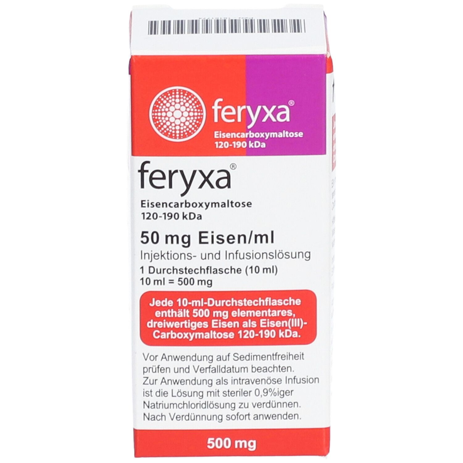 FERYXA 50 mg Eisen/ml Inj.-/Inf.-Lsg.Dsfl.500mg