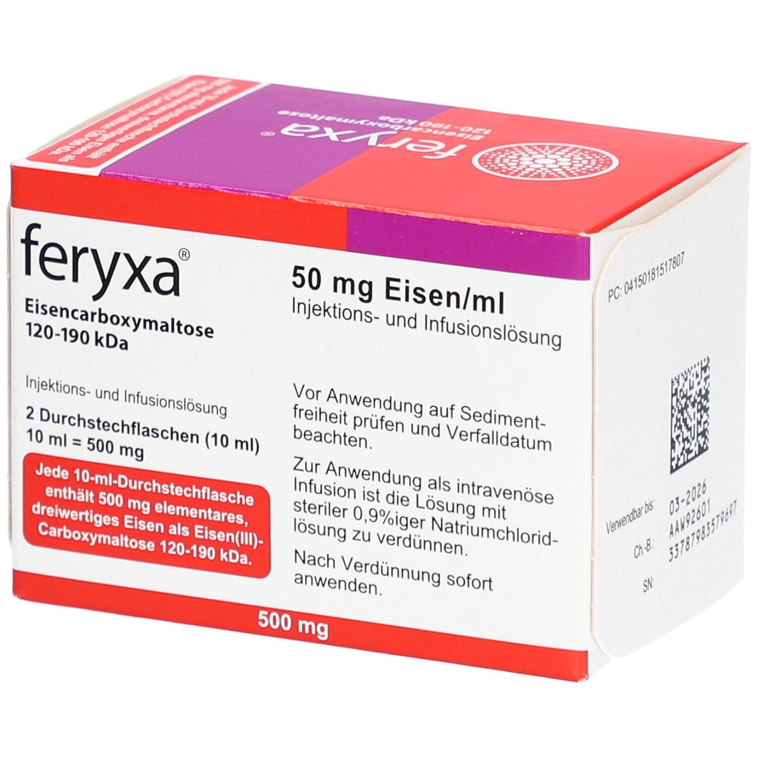 FERYXA 50 mg Eisen/ml Inj.-/Inf.-Lsg.Dsfl.500mg