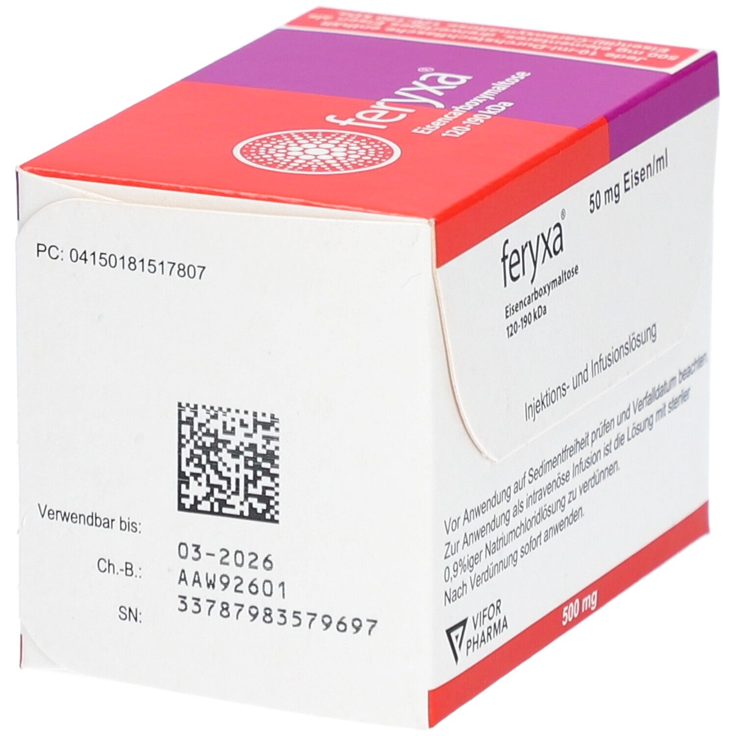 FERYXA 50 mg Eisen/ml Inj.-/Inf.-Lsg.Dsfl.500mg