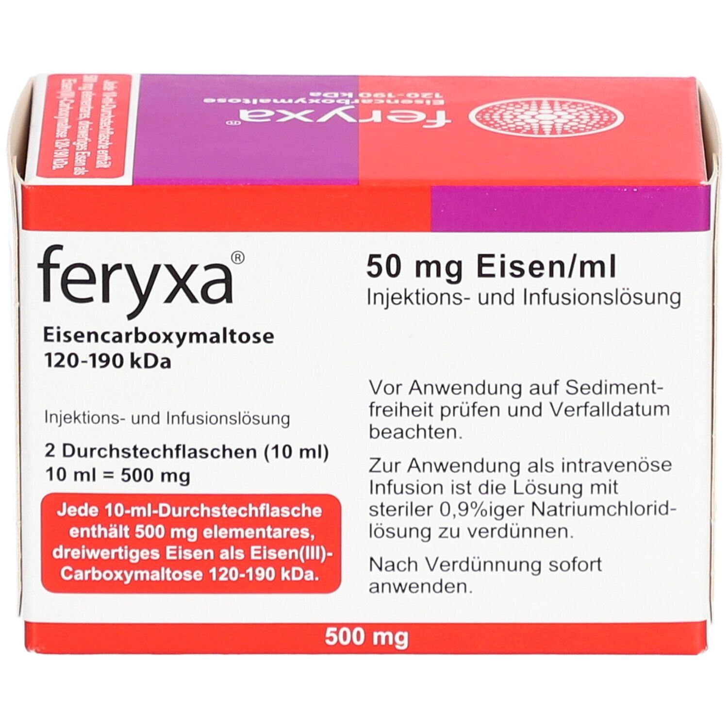 FERYXA 50 mg Eisen/ml Inj.-/Inf.-Lsg.Dsfl.500mg