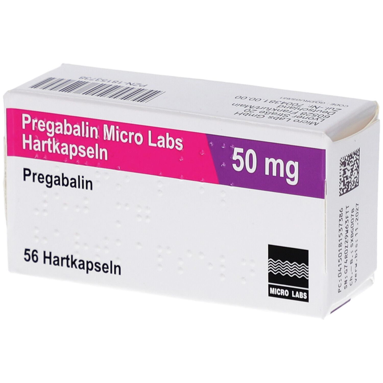Schachtel mit PREGABALIN Micro Labs 50 mg Hartkapseln. Aufschrift: 56 Hartkapseln. Logo Micro Labs.
