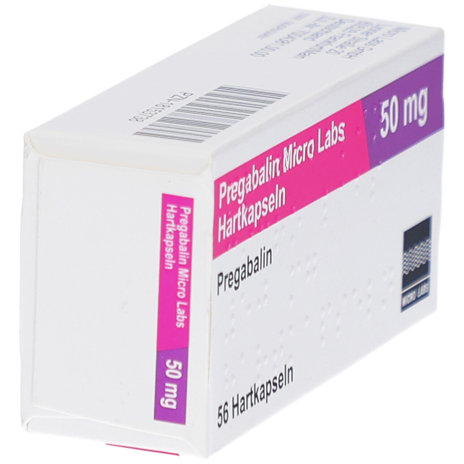 Schachtel PREGABALIN Micro Labs 50 mg Hartkapseln. Aufschrift: 50 mg. Logo Micro Labs. Seitenansicht.