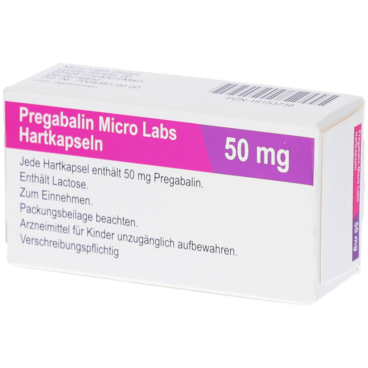 Schachtel PREGABALIN Micro Labs 50 mg Hartkapseln. Text: Enthält Lactose. Zum Einnehmen. Verschreibungspflichtig.