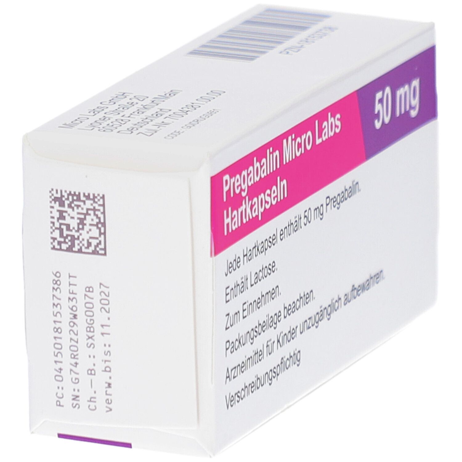 Schachtel PREGABALIN Micro Labs 50 mg Hartkapseln. Text: Enthält Lactose. Zum Einnehmen. Verschreibungspflichtig. QR-Code.