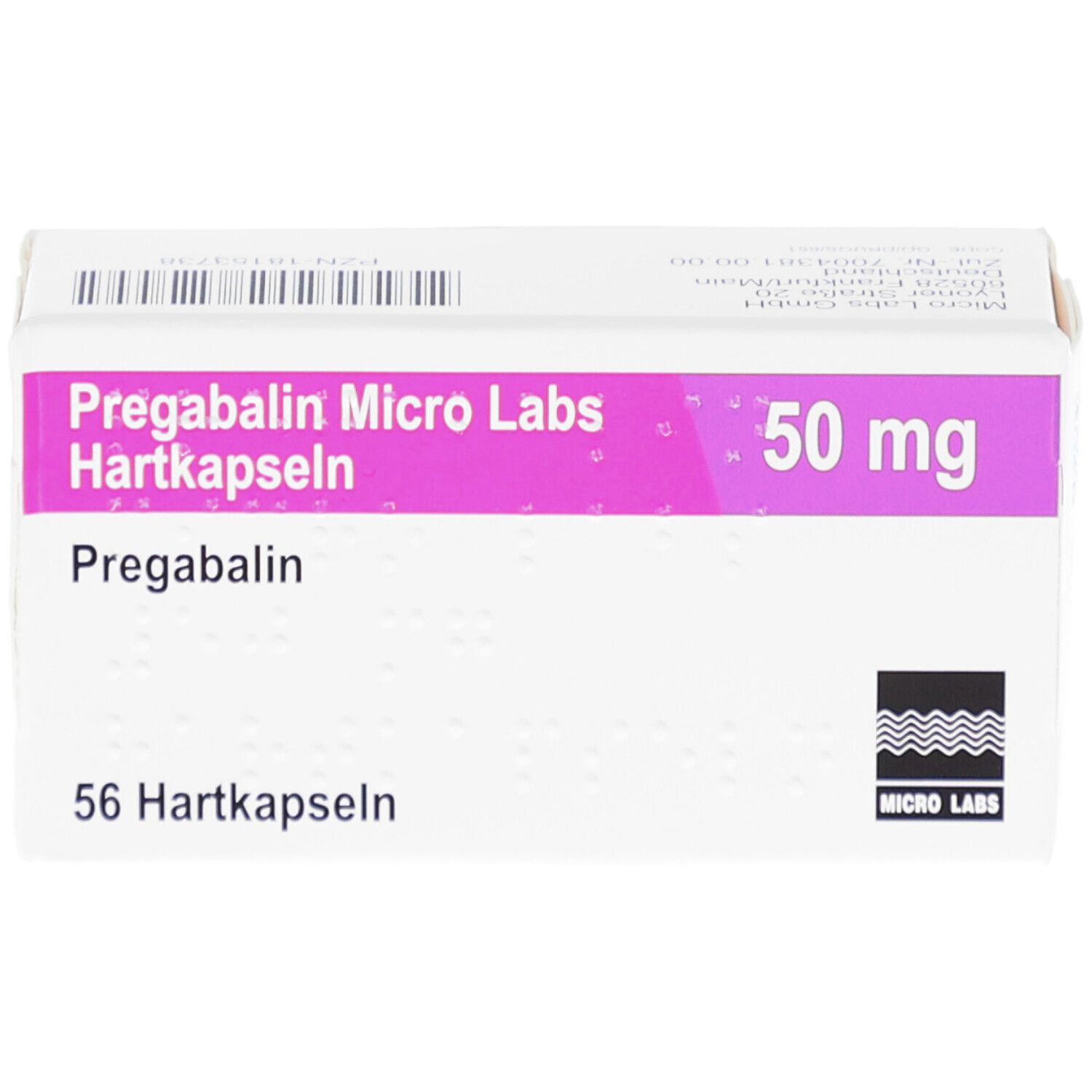 Schachtel PREGABALIN Micro Labs 50 mg Hartkapseln. Aufschrift: 50 mg, 56 Hartkapseln. Logo Micro Labs.