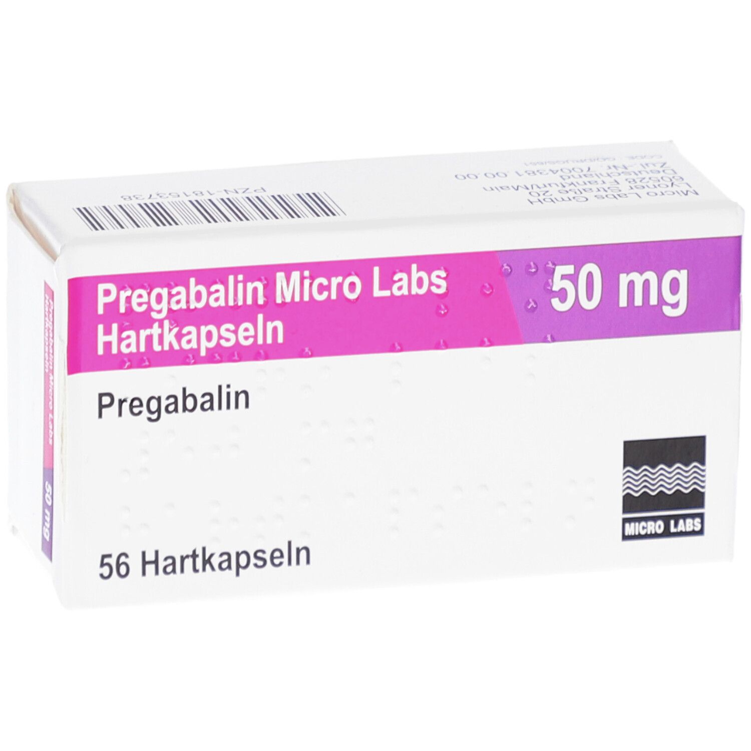 Schachtel PREGABALIN Micro Labs 50 mg Hartkapseln. Aufschrift: 50 mg, 56 Hartkapseln. Logo Micro Labs.