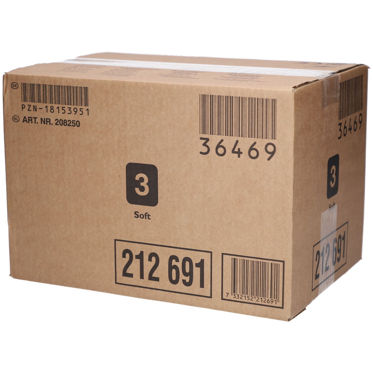 Kartonverpackung mit Barcodes und Aufdrucken. Enthält die Zahl 3 und das Wort Soft. Produktnummern sind sichtbar.