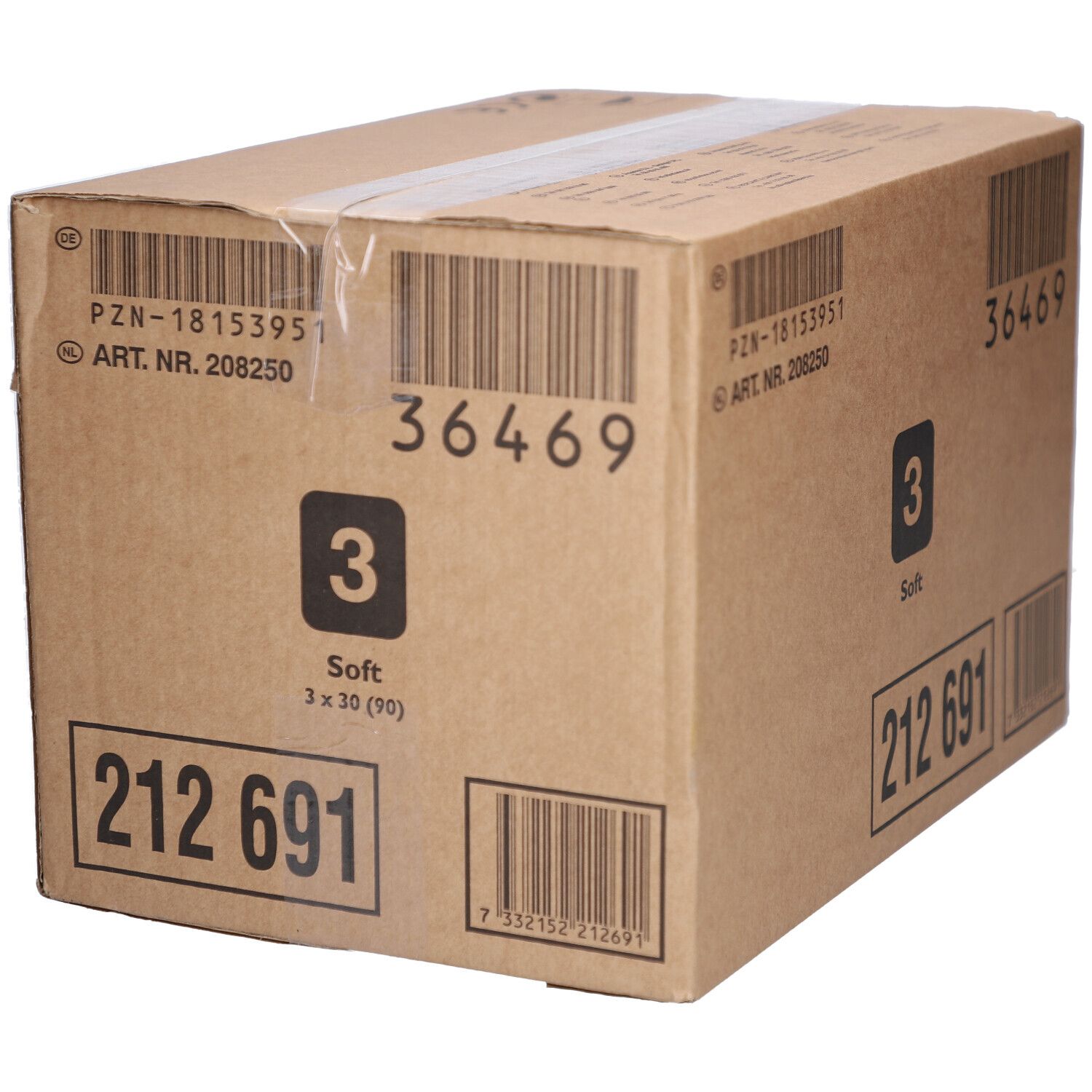 Kartonverpackung mit Barcodes und Aufdrucken. Enthält die Zahl 3 und das Wort Soft. Produktnummern und Packungsgröße sichtbar.
