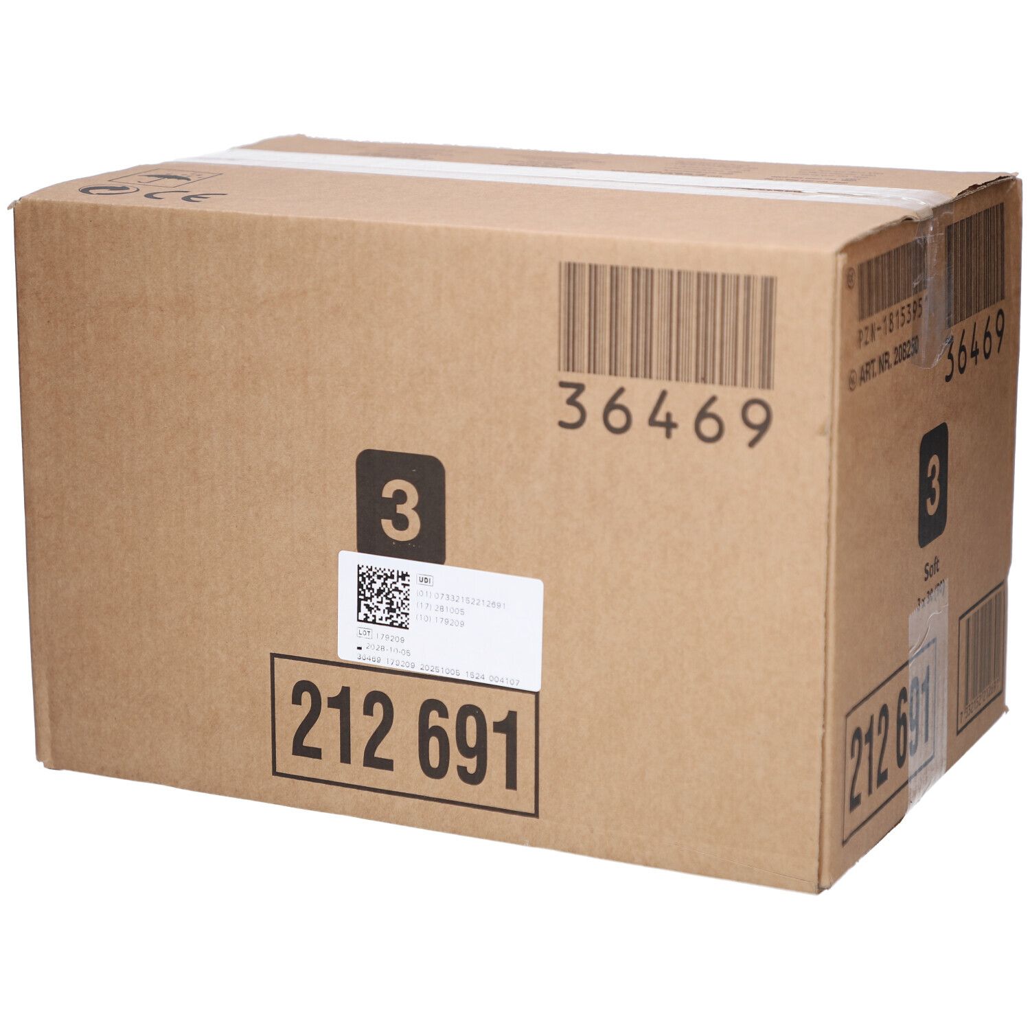 Kartonverpackung mit Barcodes und Aufdrucken. Enthält die Zahl 3 und das Wort Soft. Ein Etikett mit Barcode ist angebracht.