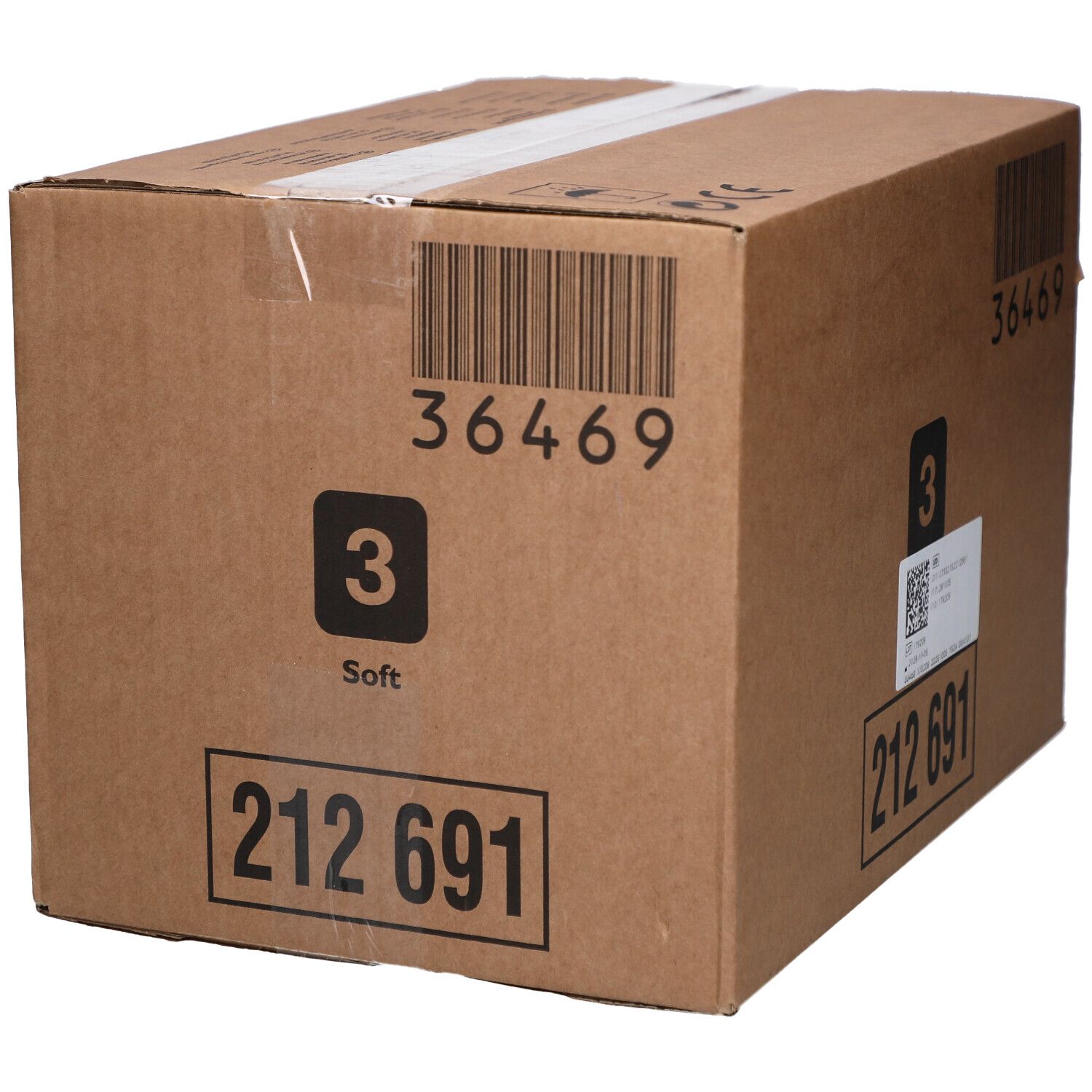 Kartonverpackung mit Barcodes und Aufdrucken. Enthält die Zahl 3 und das Wort Soft. Produktnummern sind sichtbar.