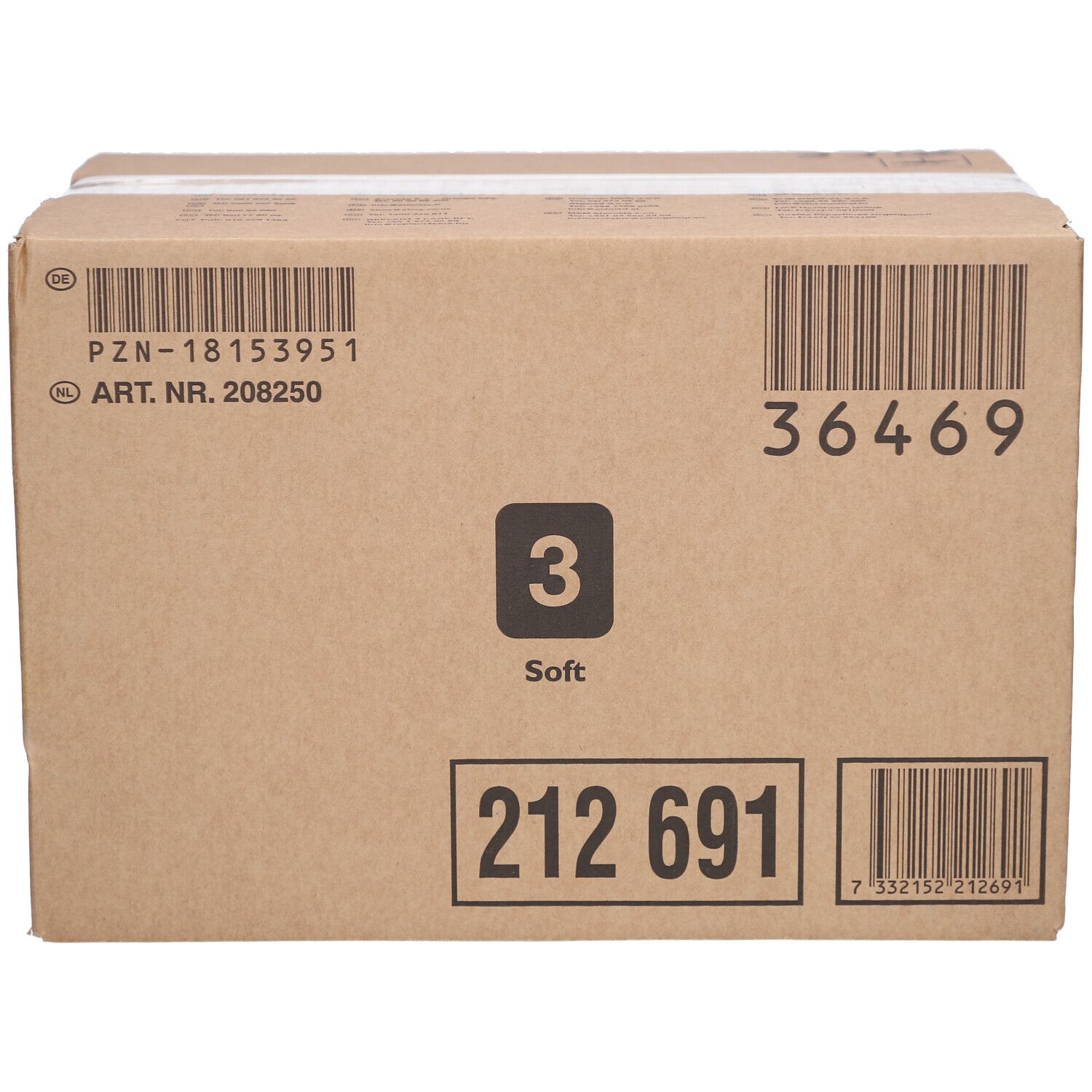 Kartonverpackung mit Barcodes und Aufdrucken. Enthält die Zahl 3 und das Wort Soft. Produktnummern sind sichtbar.
