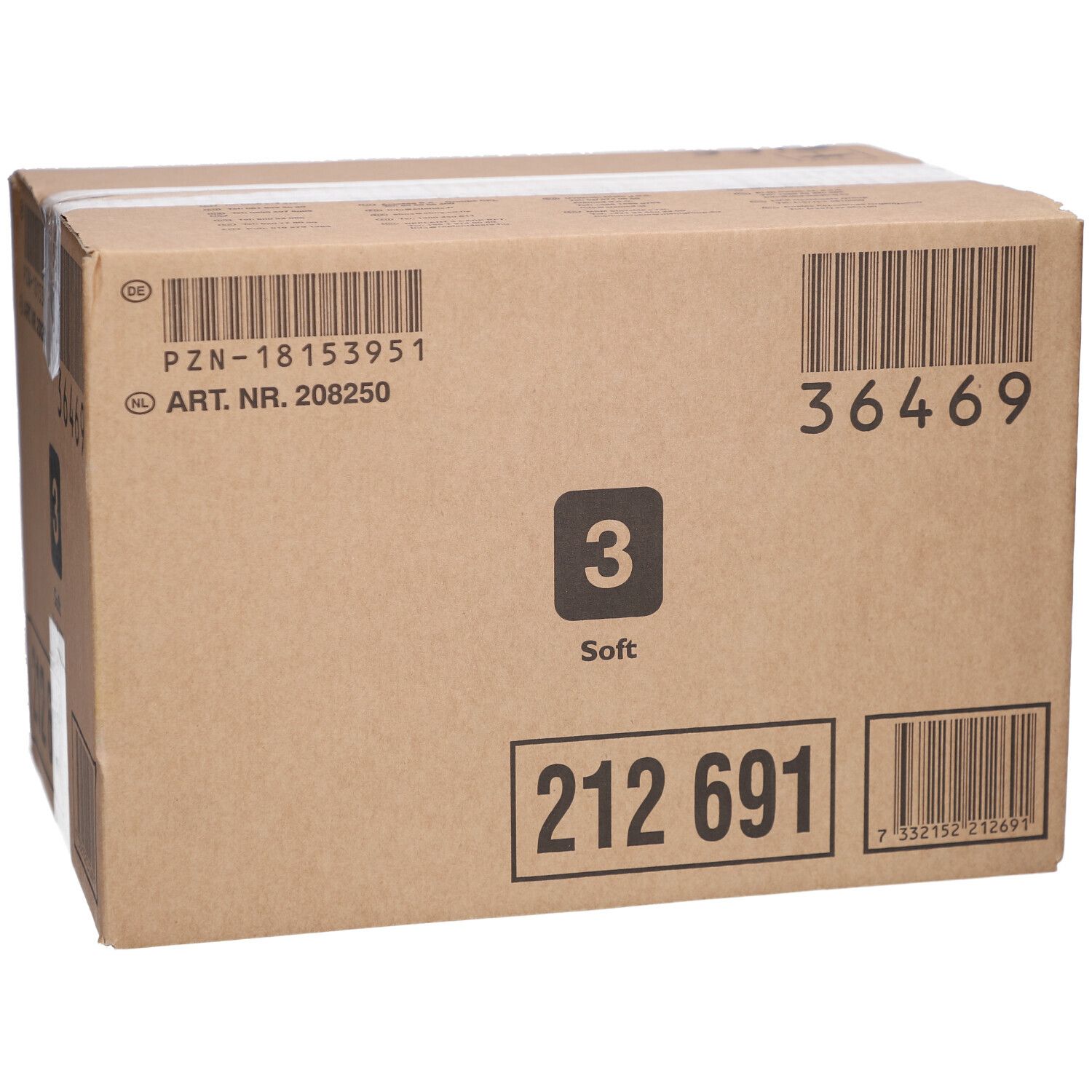 Kartonverpackung mit Barcodes und Aufdrucken. Enthält die Zahl 3 und das Wort Soft. Produktnummern sind sichtbar.