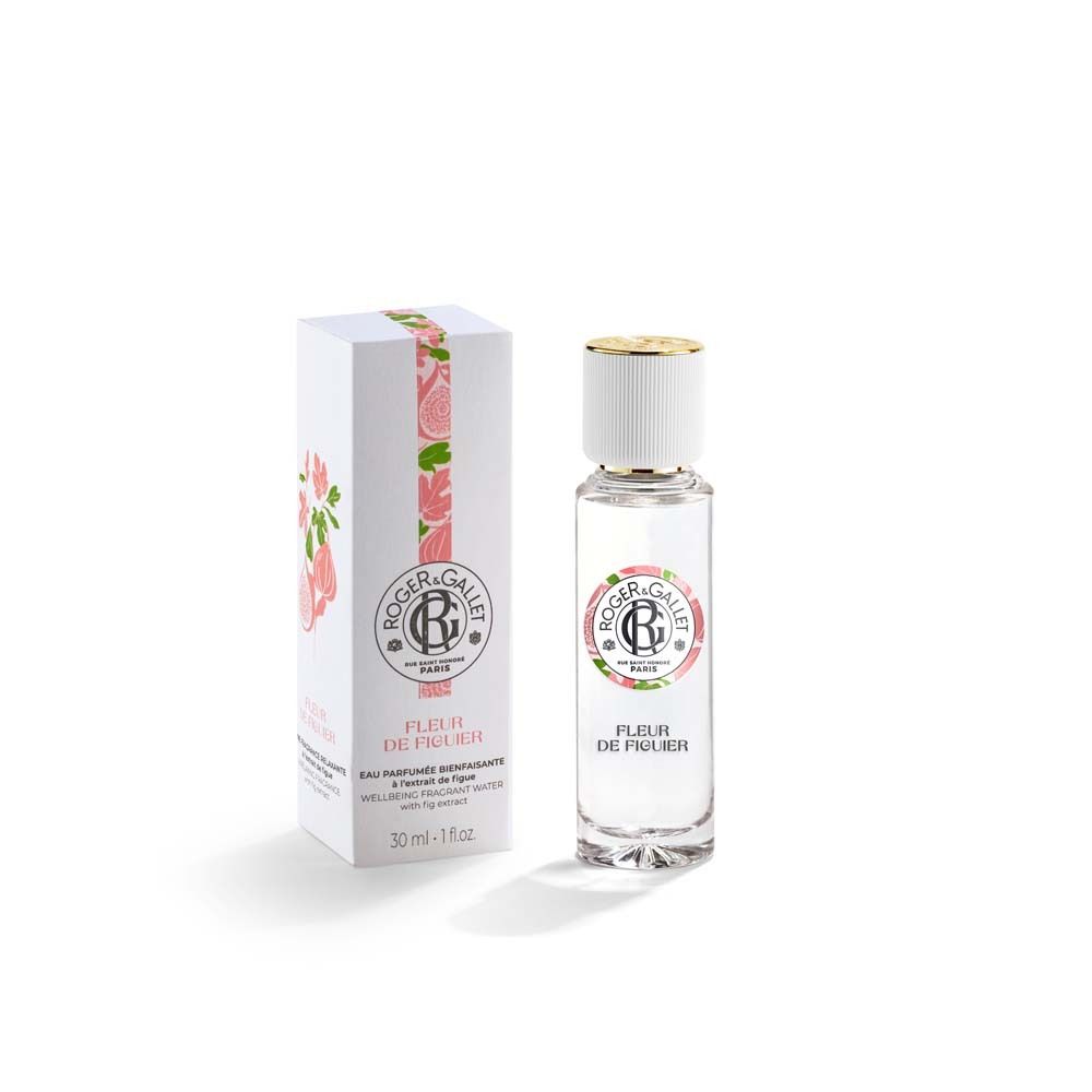 Flasche und Schachtel. Aufschrift: ROGER&GALLET, Fleur de Figuier. Verpackung mit floralem Muster.