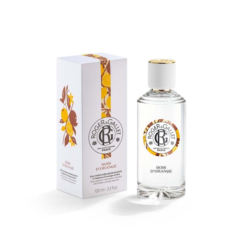 Produktflakon und Verpackung. Weißer Karton mit Logo und Schriftzug. Aufschrift: Bois d'Orange. 100 ml.