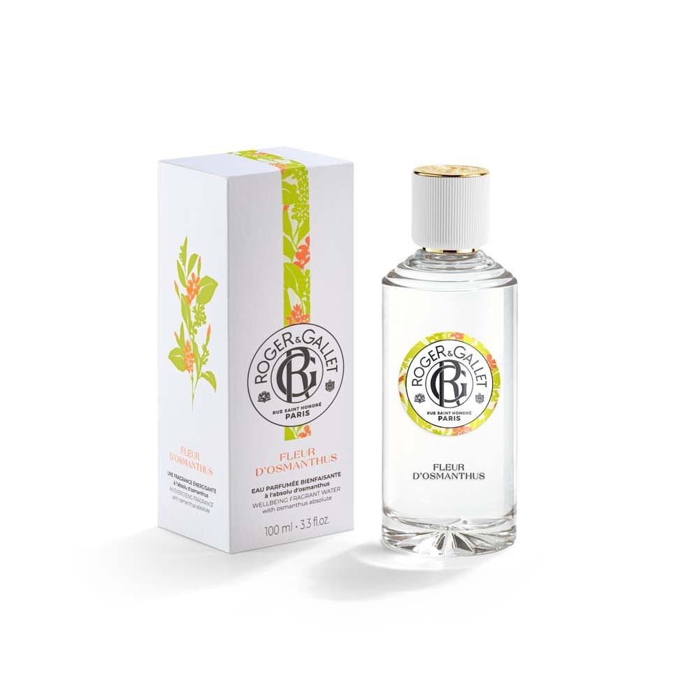 Produktflasche und Verpackung. Verpackung mit Logo und Produktnamen: Fleur d'Osmanthus. 100 ml.