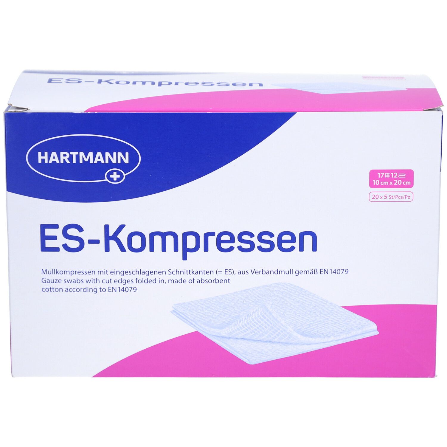 Verpackung von HARTMANN ES-Kompressen. Produktname und Größenangabe. Rosa und blaue Farbgebung. Gezeigt sind Kompressen.