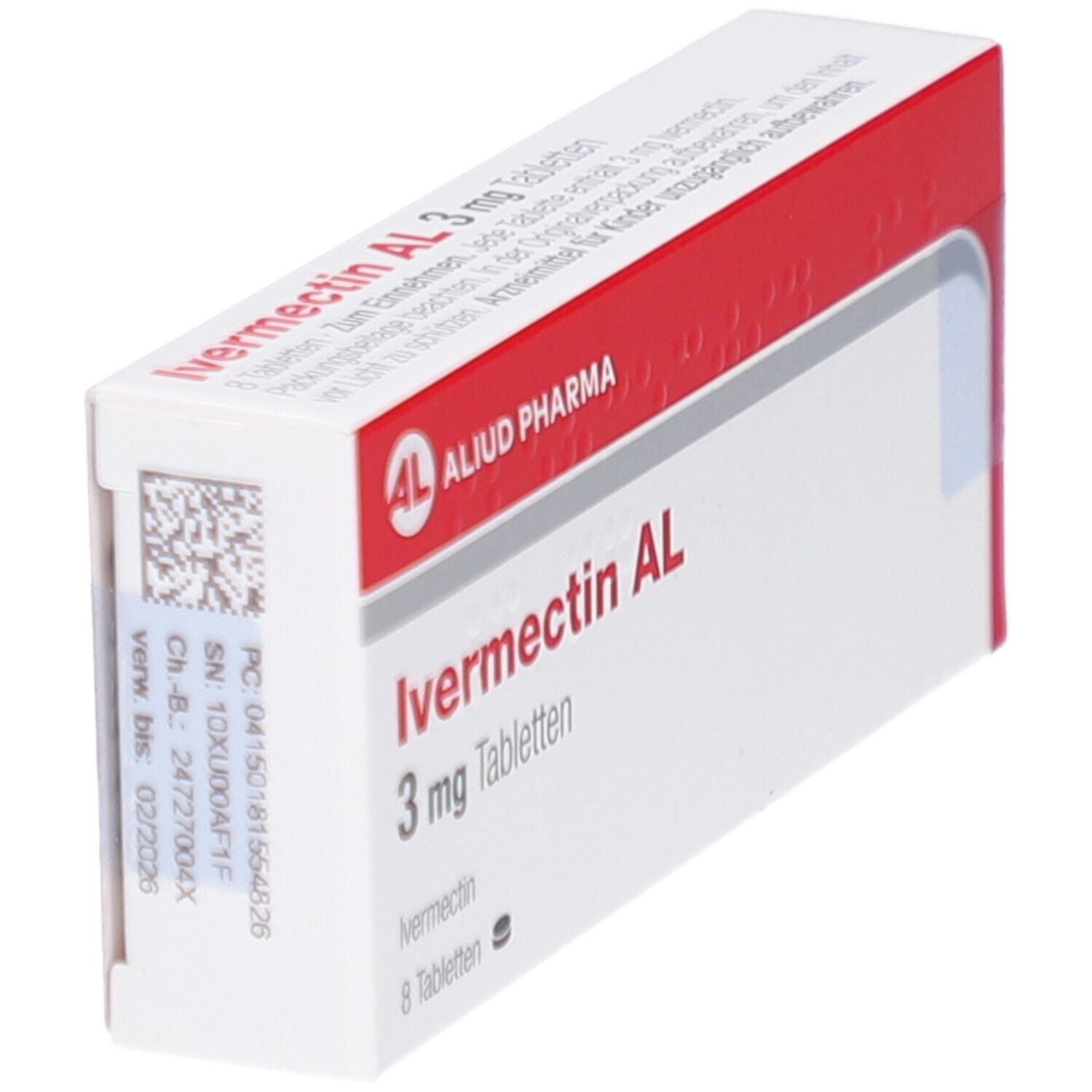 Schachtel mit Ivermectin AL 3 mg Tabletten. Aufschrift: AL, ALIUD PHARMA. 8 Tabletten. Barcode.
