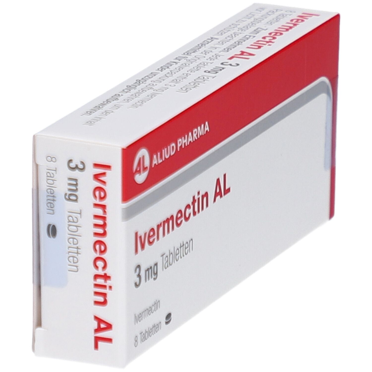 Schachtel mit Ivermectin AL 3 mg Tabletten. Aufschrift: AL, ALIUD PHARMA. 8 Tabletten.