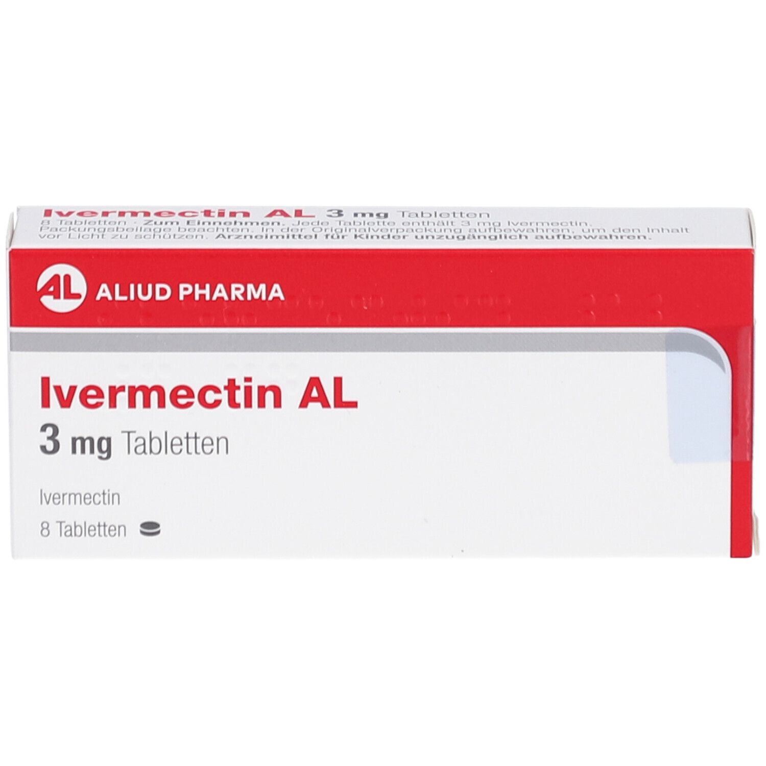 Schachtel mit Ivermectin AL 3 mg Tabletten. Aufschrift: AL, ALIUD PHARMA. 8 Tabletten.