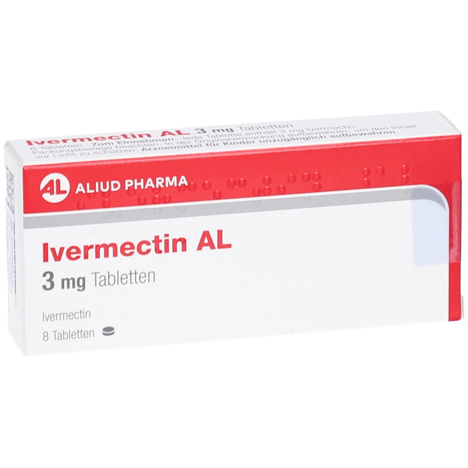 Schachtel mit Ivermectin AL 3 mg Tabletten. Aufschrift: AL, ALIUD PHARMA. 8 Tabletten.