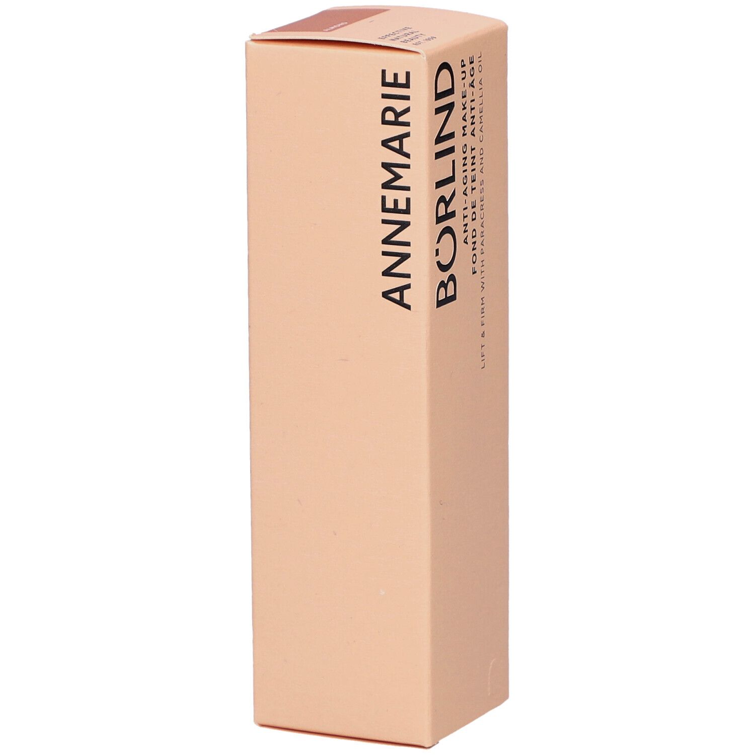 Beige Kartonverpackung. Aufschrift: ANNEMARIE BÖRLIND. Anti-Aging Make-up, Fond de Teint Anti-Âge.