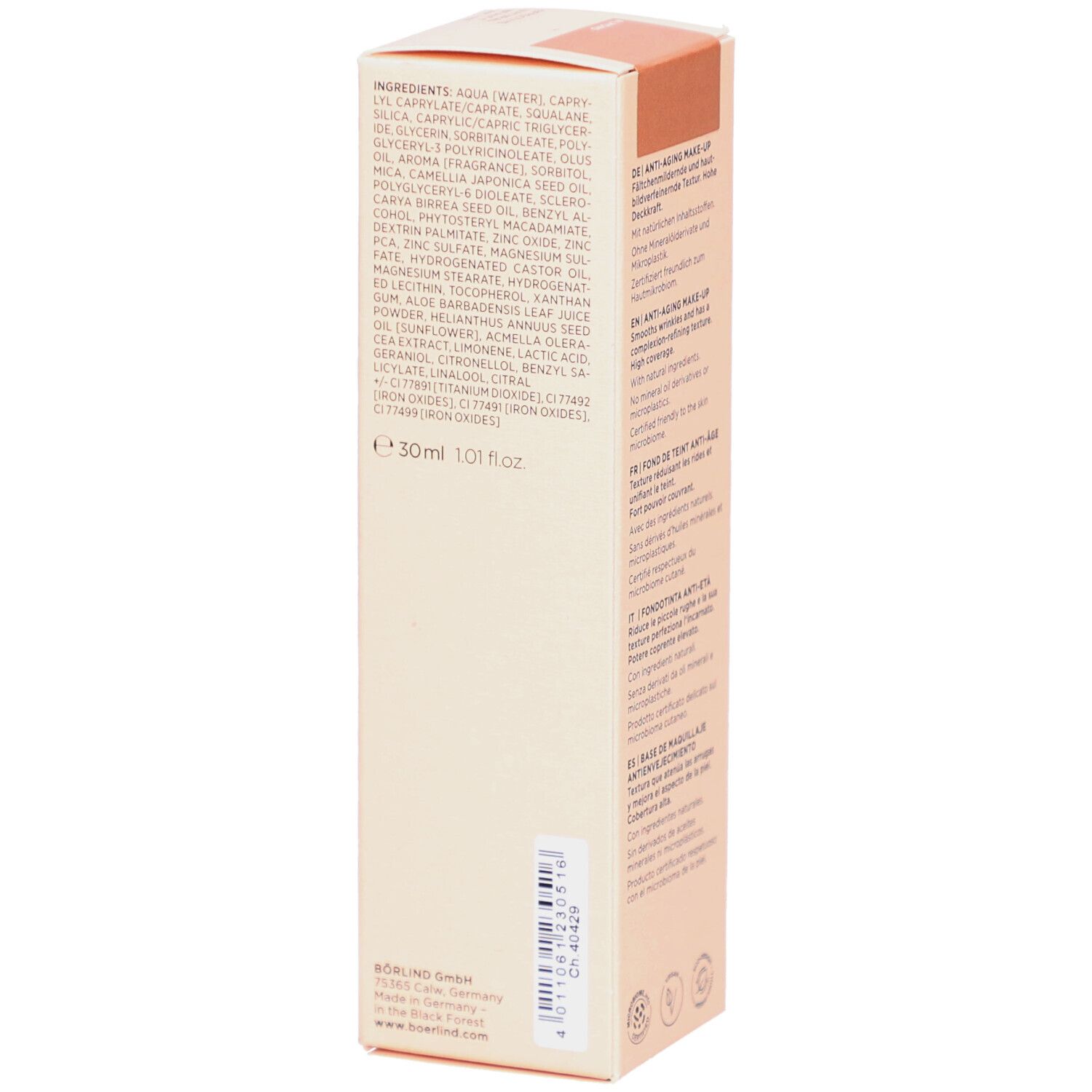 Beige Kartonverpackung. Auflistung der Inhaltsstoffe. Volumen: 30ml. Logo: E 30ml 1.0fl oz.