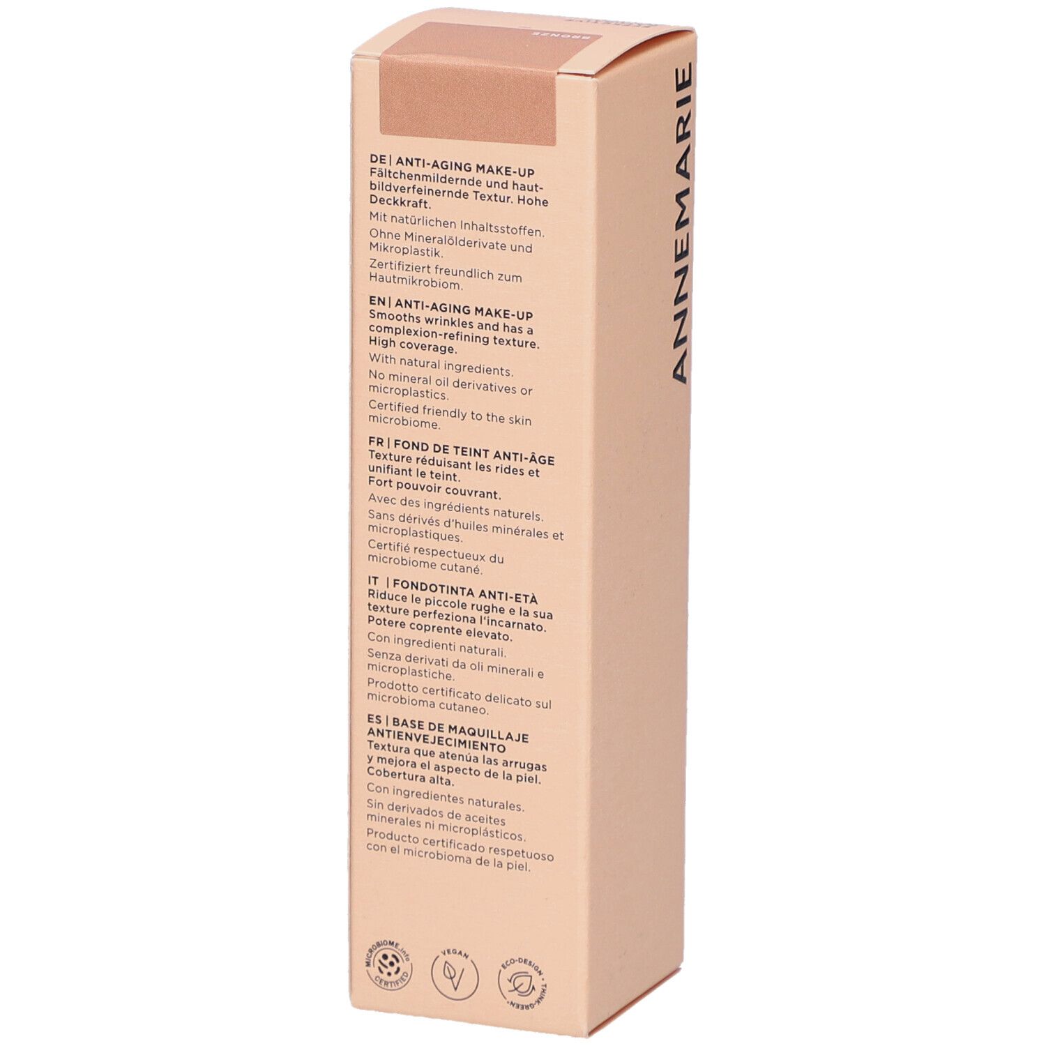 Kartonverpackung mit Texten in Deutsch, Englisch, Französisch, Italienisch und Spanisch. Produktinformationen und Zertifizierungen.