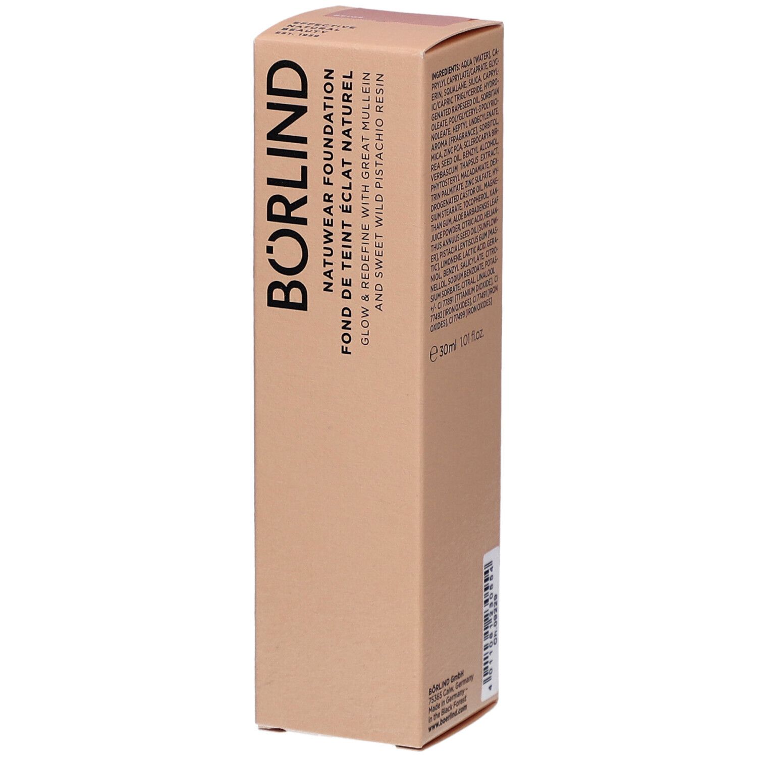 Beige Make-up-Verpackung. Schriftzug: BÖRLIND, NATUWEAR FOUNDATION, FOND DE TEINT ÉCLAT NATUREL. Inhaltsstoffe und Volumenangabe.