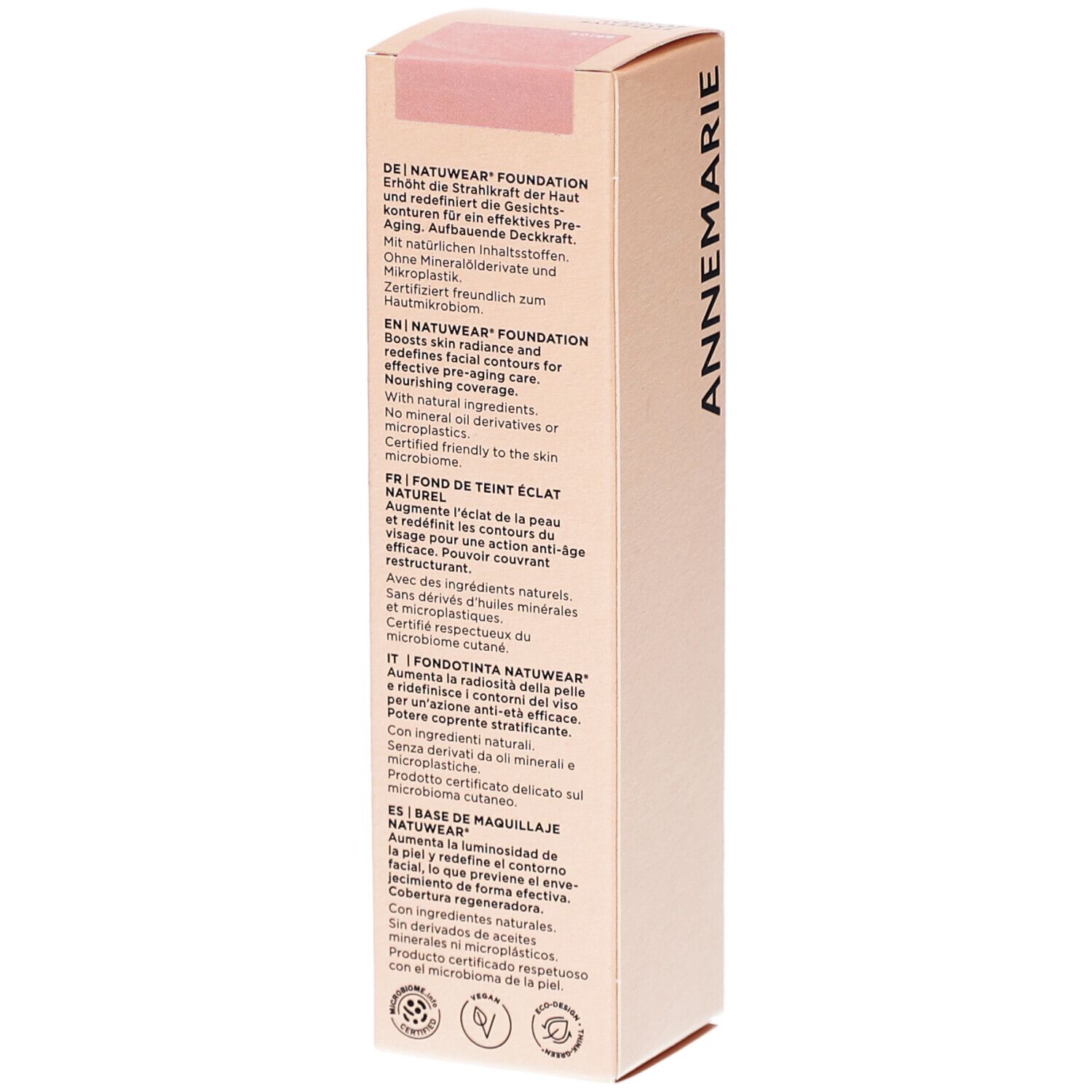 Make-up-Verpackung. Text in Deutsch, Englisch, Französisch, Italienisch und Spanisch. Produktinformationen und Zertifizierungen.