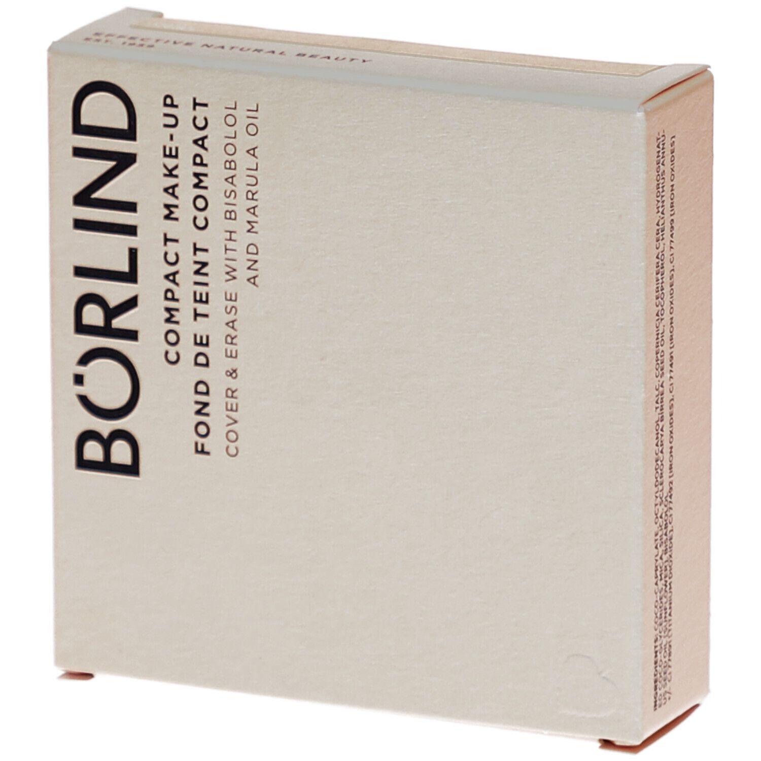 Kompakt Make-up-Verpackung. Marke BÖRLIND. Text: Compact Make-up, Fond de Teint Compact, Cover & Erase with Bisabolol and Marula Oil.