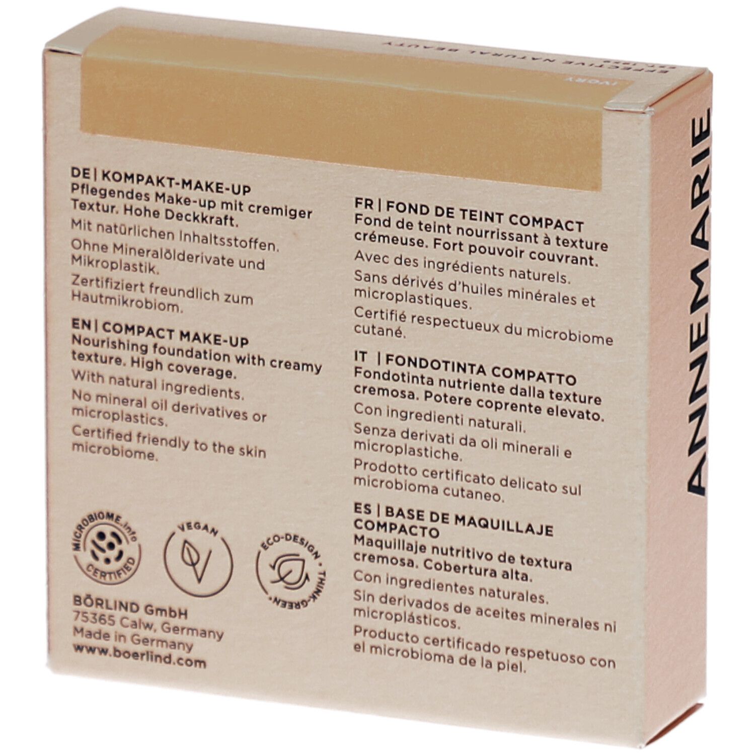Rückseite der Kompakt Make-up-Verpackung. Text in Deutsch, Englisch, Französisch, Italienisch und Spanisch. Zertifizierungen.
