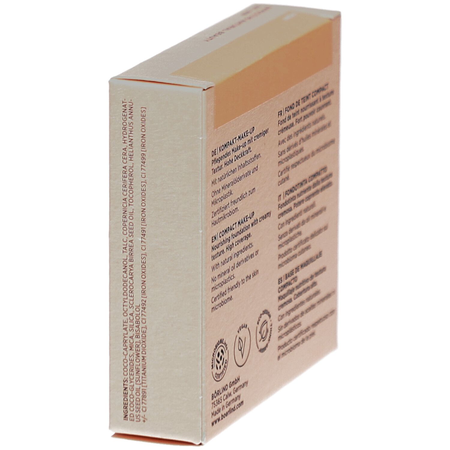 Kompakt Make-up-Verpackung. Inhaltsstoffe und Text in Deutsch, Englisch, Französisch, Italienisch und Spanisch.