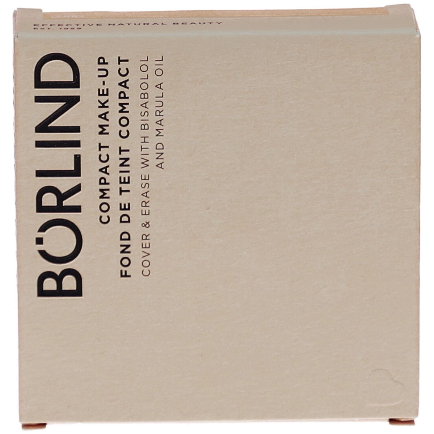 Kompakt Make-up-Verpackung. Marke BÖRLIND. Text: Compact Make-up, Fond de Teint Compact, Cover & Erase with Bisabolol and Marula Oil.