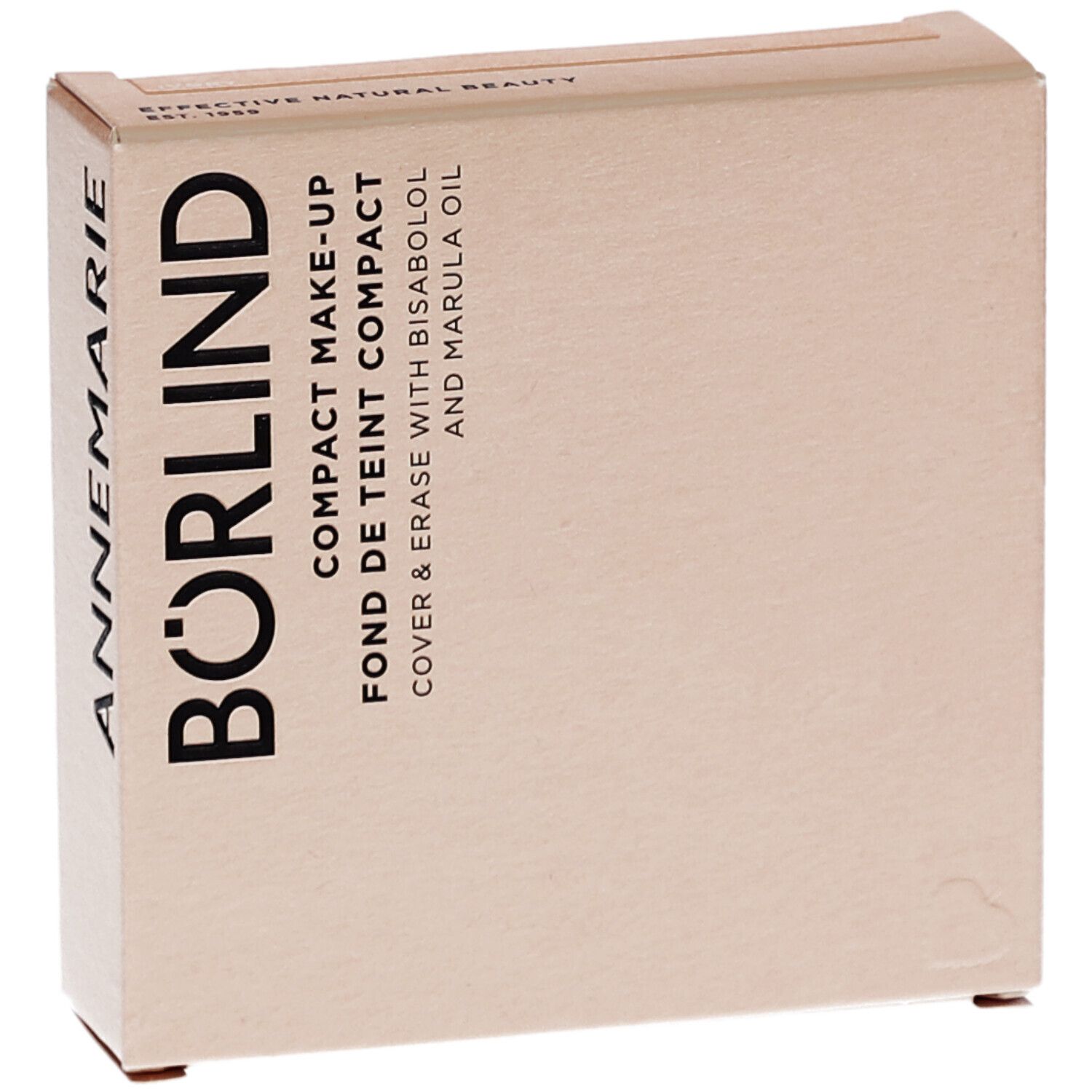 Kompakt Make-up-Verpackung. Marke ANNEMARIE BÖRLIND. Text: Compact Make-up, Fond de Teint Compact, Cover & Erase with Bisabolol and Marula Oil.