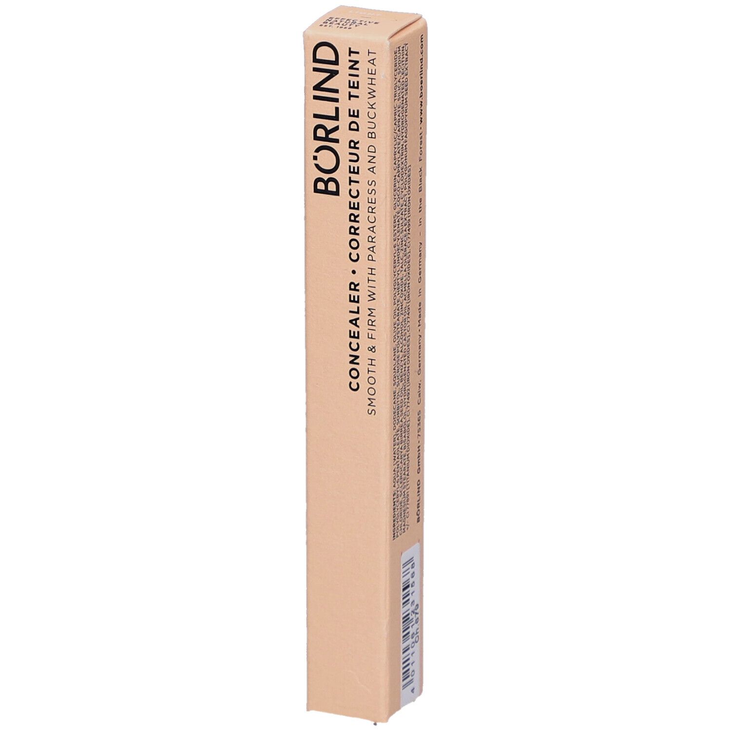 Beige Verpackung mit Produktinformationen. Aufschrift: BÖRLIND Concealer, Correcteur de teint. Enthält Parakresse und Buchweizen.