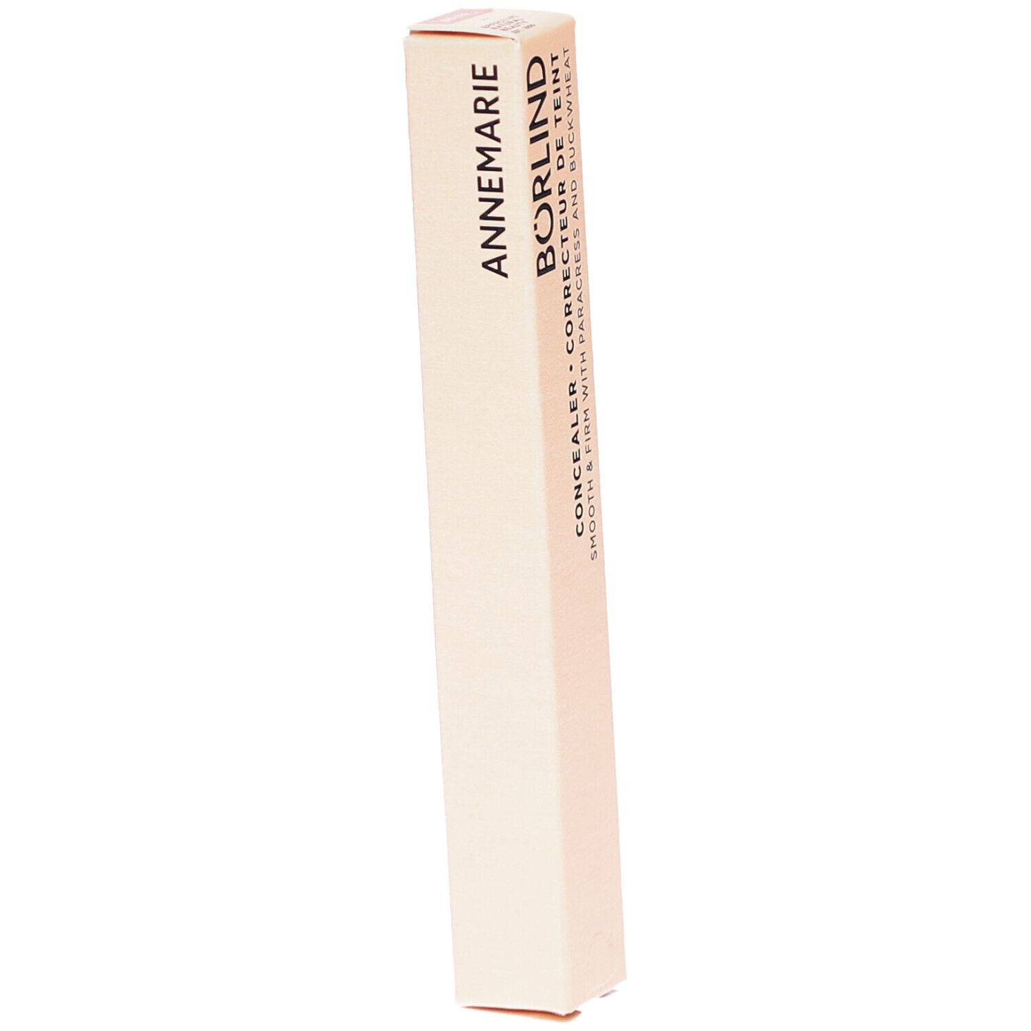 BÖRLIND Concealer-Verpackung. Beige, längliche Schachtel. Aufschrift: ANNEMARIE BÖRLIND, Concealer, Correcteur de teint.