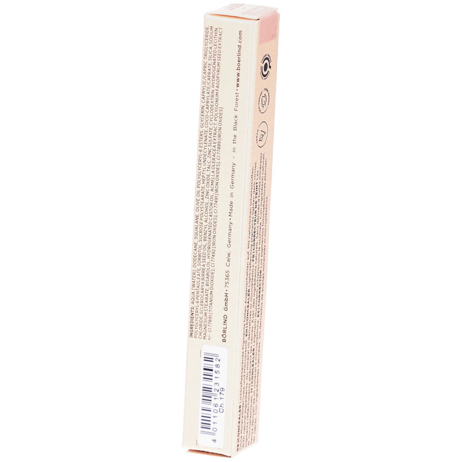BÖRLIND Concealer-Verpackung. Beige, längliche Schachtel. Text und Barcode auf der Rückseite. Inhaltsstoffe.